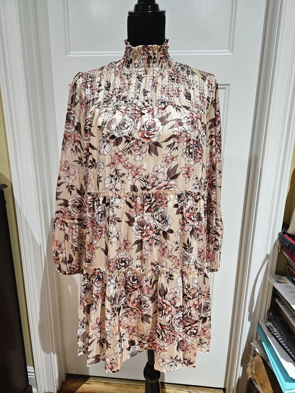 Smocked High-Neck Floral Tiered Dress in Beige, Brown & Blush Pink